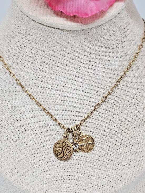 Catherine Popesco France Antiqued Gold Tone 3 Charm Pendant Necklace Bee Star - Picture 2 of 12